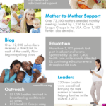 LLL USA logo in blue at top right corner; Individual Helping image of a woman wearing a polka dot scarf covering her head and holding her infant; Mother-to-Mother Support image of two women holding children at an outdoor picnic, one woman is facing sideways and one woman is smiling into the camera; Blog image of a family - mother, father, and two children all smiling into the camera; Leaders image of a woman standing up and entering information into a handheld device; Outreach image of three woman with young children, the middle woman is nursing the infant.