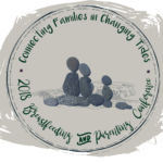 Small rocks, arranged to look like a breastfeeding family, are encircled by the words Connecting Families in Changing Tides 2018 Breastfeeding and Parenting Conference 